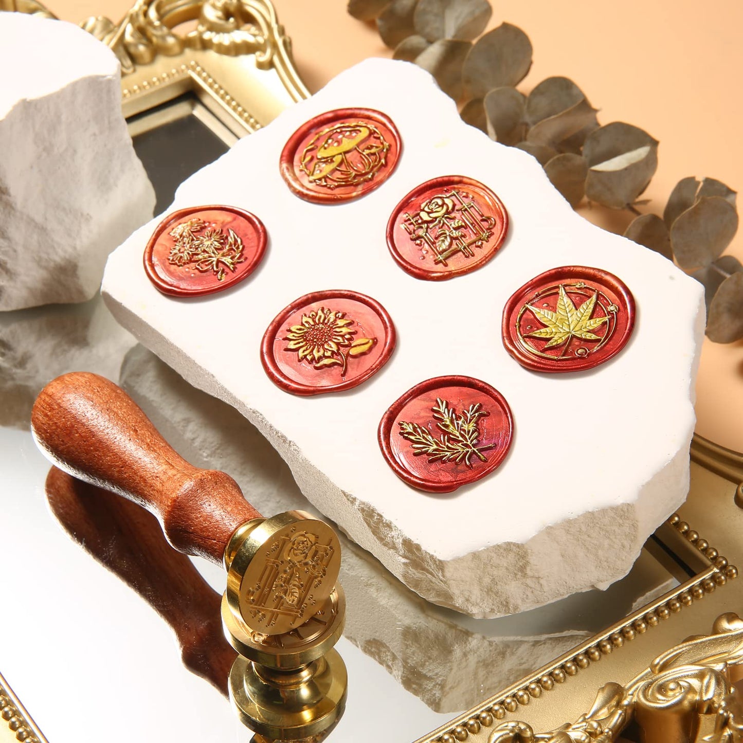 Comealltime 6pcs Wax Seal Stamp Set with Gift Box, Sealing Copper Stamps + 1 Wooden Handle, Sealing Stamp Kit (Rose,Wheat,Sunflower,Daisy,Mushroom,Maple) for Birthday Wedding Cards Envelopes (Plant)