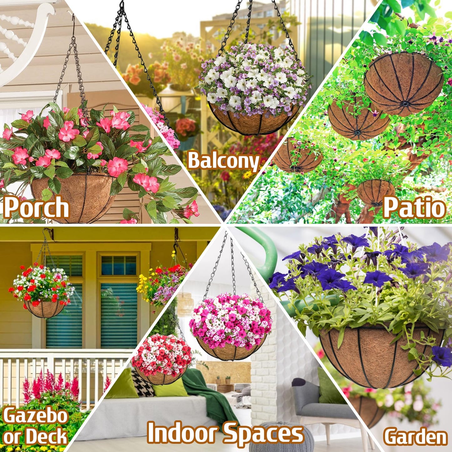 ZeeDix 6 Pack 14 Inch Metal Round Hanging Planter Basket with Coconut Liners Replacement, Hanging planters Baskets with Natural Coco Liner for Outdoor Indoor Planters Flowers Vegetables