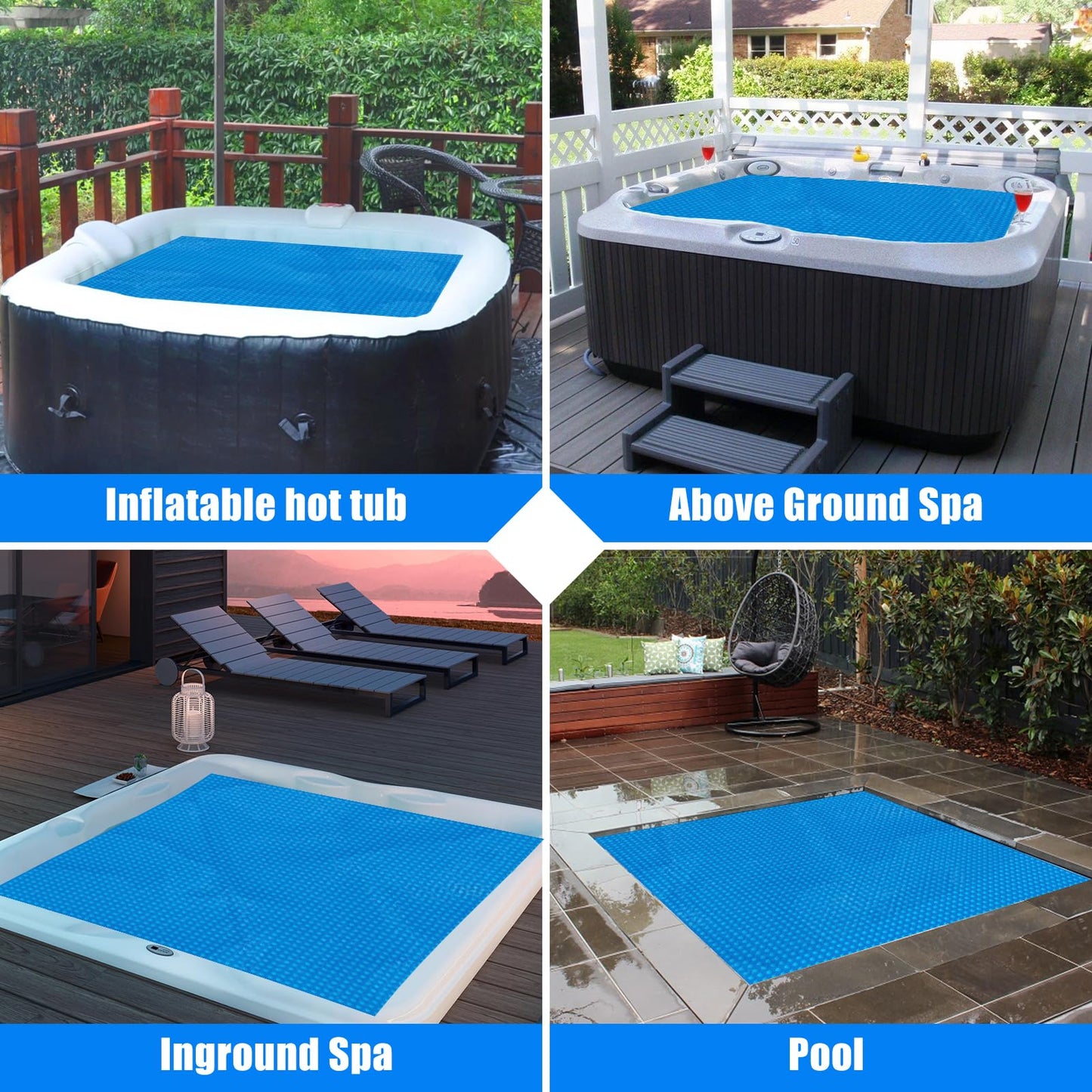 Kakolvan Solar Bubble Hot Tub Spa Cover for 4.5 x 4.5 FT Square Inflatable Swimming Pool Blanket Thermal Floating Insulation 16 Mil Bubble Solar Covers for Indoor Outdoor Spa Hot Tub Wrap Covers