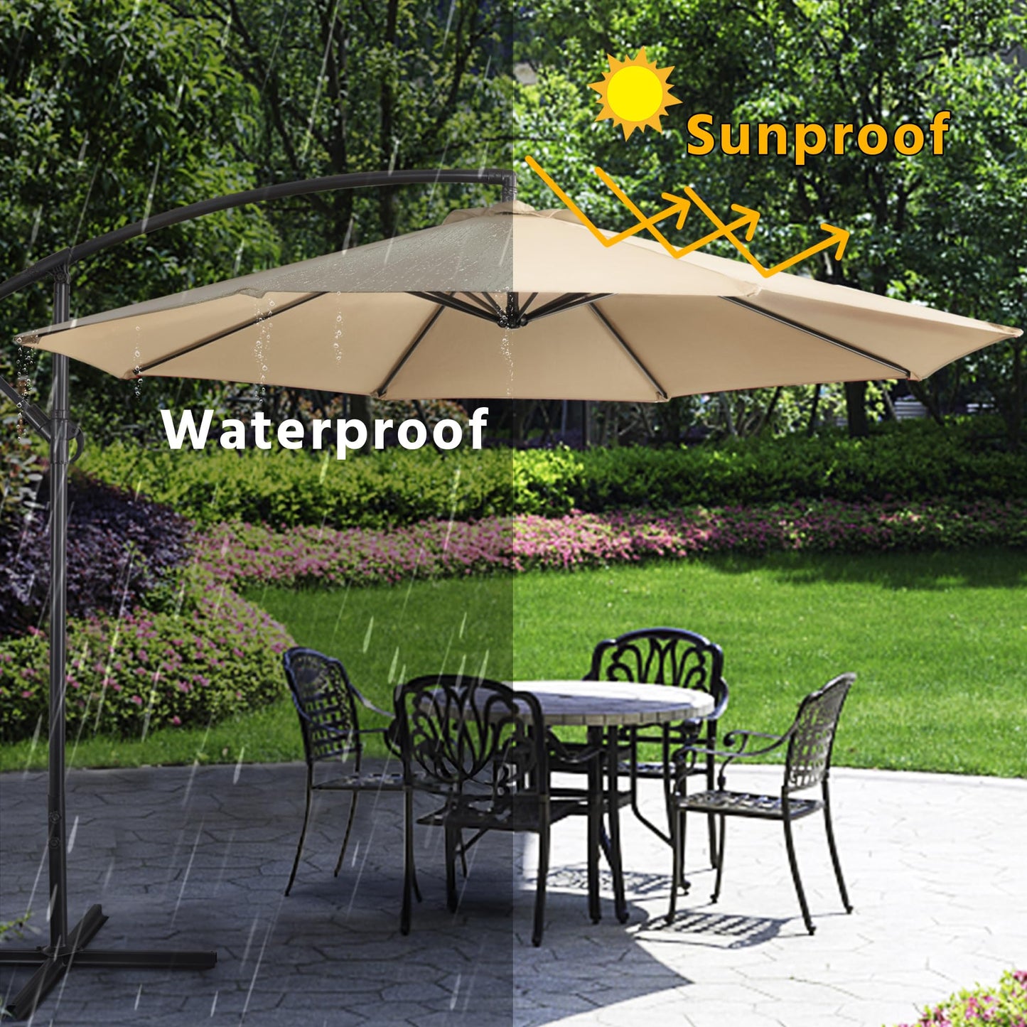 Yaheetech 10FT Patio Offset Umbrella - Cantilever Hanging Outdoor Umbrellas w/UV Protection & 8 Ribs & Handy Crank & Cross Base for Market/Garden/Lawn/Deck/Backyard/Pool - Tan
