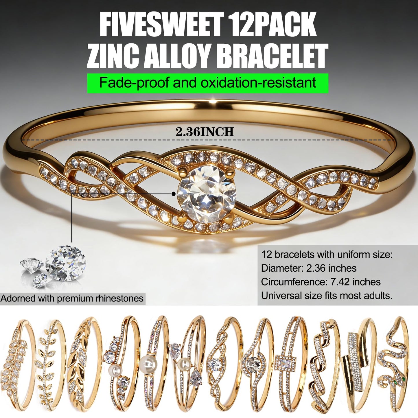 12 Pack Women's Zinc Alloy Fashion Jewelry Gold/Silvery Bangle Bracelet Bulk Set with Wheat/Olive Branch, Chain, Snake Shape, Pearl, Twisted Texture & Diamond-Embedded Square/Circular Stone Designs - For Daily Wear, Special Occasions & Women Gift for Her,