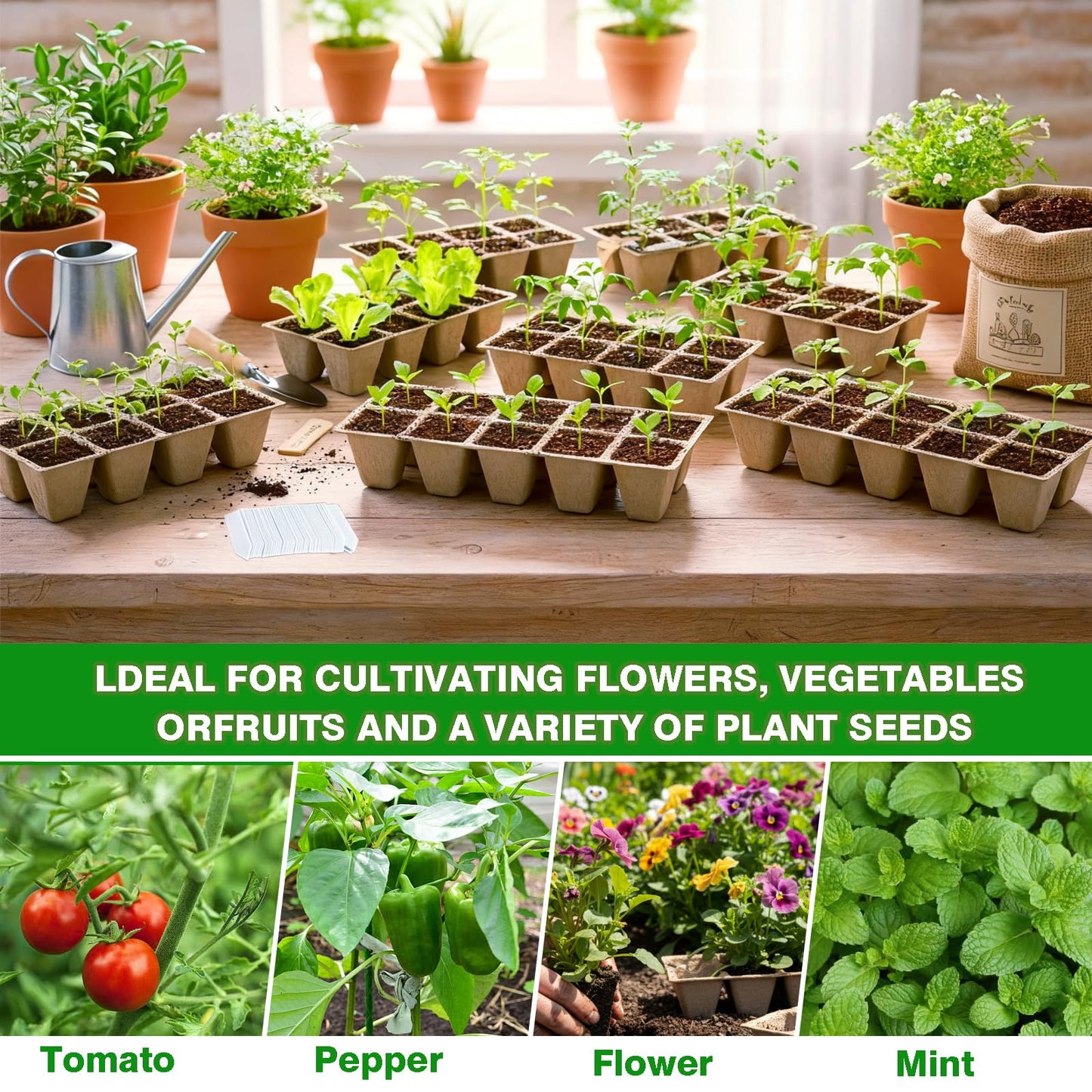 Kimdozee 480 Cells Seed Starter Tray, 48 Pack Biodegradable Peat Pots with 200 Labels, Germination Plant Starter Kit for Seedlings