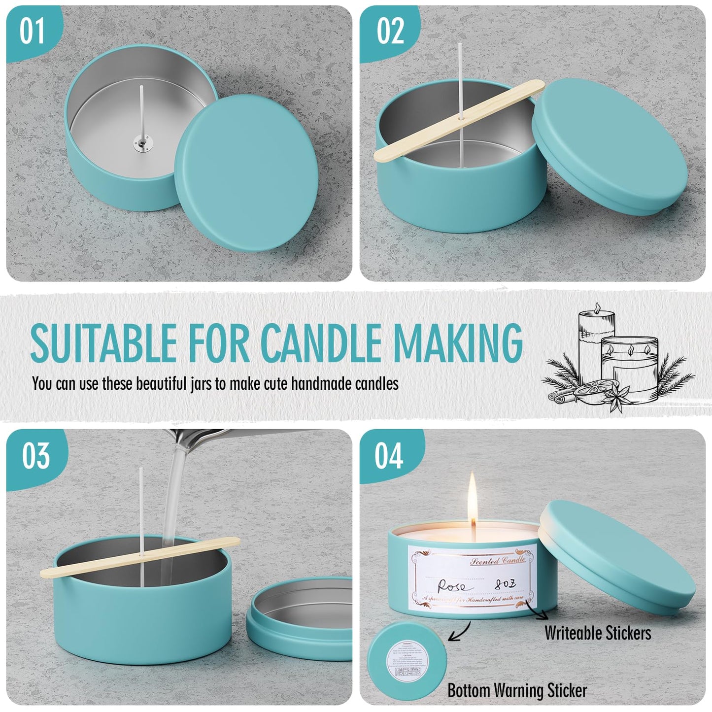 Domivirgo 24 Empty Candle Tins 8 oz with Lids for Making Candles - Simple Candle Making Kit, Include Wicks, Holders & Stickers, Labels, Pink Ribbon,Gift Box & Card and Transparent Bags (Colorful)