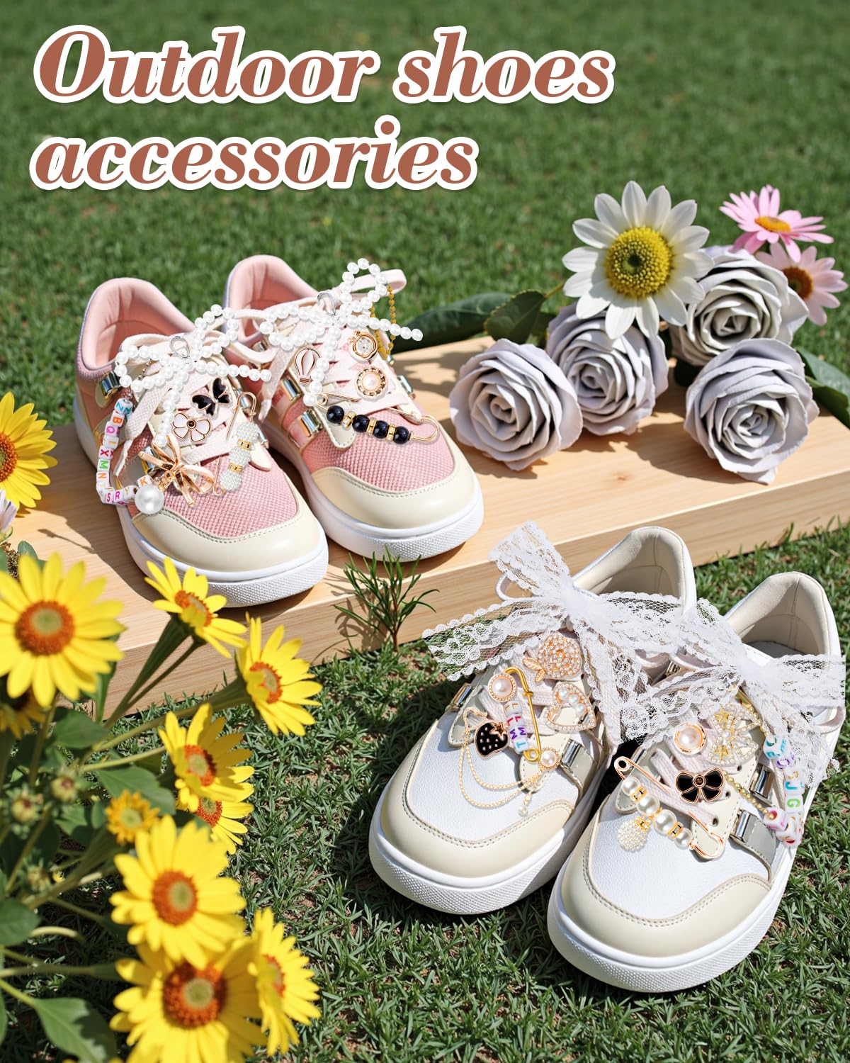 RQAYE 410pcs Shoe Charms for Sneakers & Accessories - DIY Shoe Lace Pearl Rhinestone Brooches and Pins for Women,Junk Socks Charms Kit and Satin Cute Shoelace Accessories