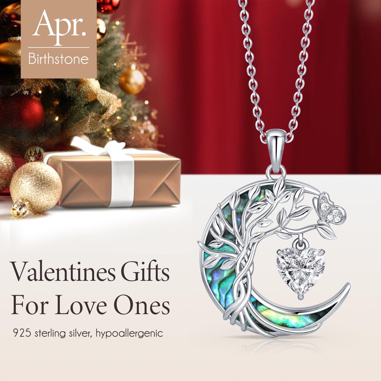 Distance Tree of Life Birthstone Necklace for Women, S925 Sterling Silver Premium Abalone Shell Moon Pendant April Heart Birthstone Necklace, White Jewelry Christmas Birthday Gifts for Her Mom Wife