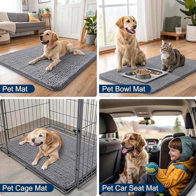 Smiry Dog Door Mat for Muddy Paws 34x21, Absorbs Moisture and Dirt Doormat, Non-Slip Washable Quick Dry Chenille Front Door Mat Indoor Entrance, Entryway Carpet for Inside Floor, Grey