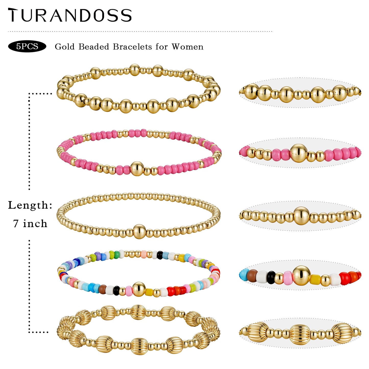 Turandoss Mothers Day Gifts 5PCS Gold Beaded Bracelets for Women - Dainty 14K Gold Plated Bead Ball Bracelets for Women Colorful Beaded Stretch Bracelet Mothers Day Gifts for Mom Daughters