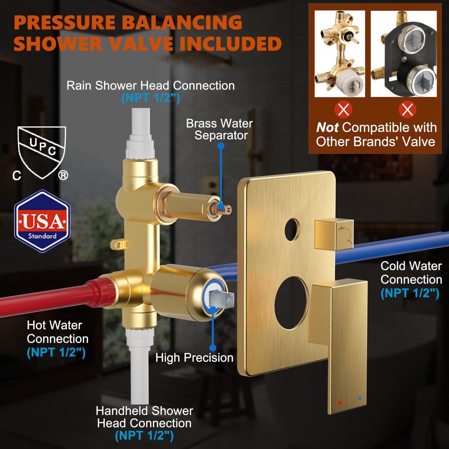 Kurpot Gold Shower System, 10'' Square Rainfall Shower Head with Handheld Combo Spray, Bathroom Brushed Gold Shower Faucet Set with Valve, 59'' Shower Hose, Shower Trim Kit and Diverter, Wall Mounted