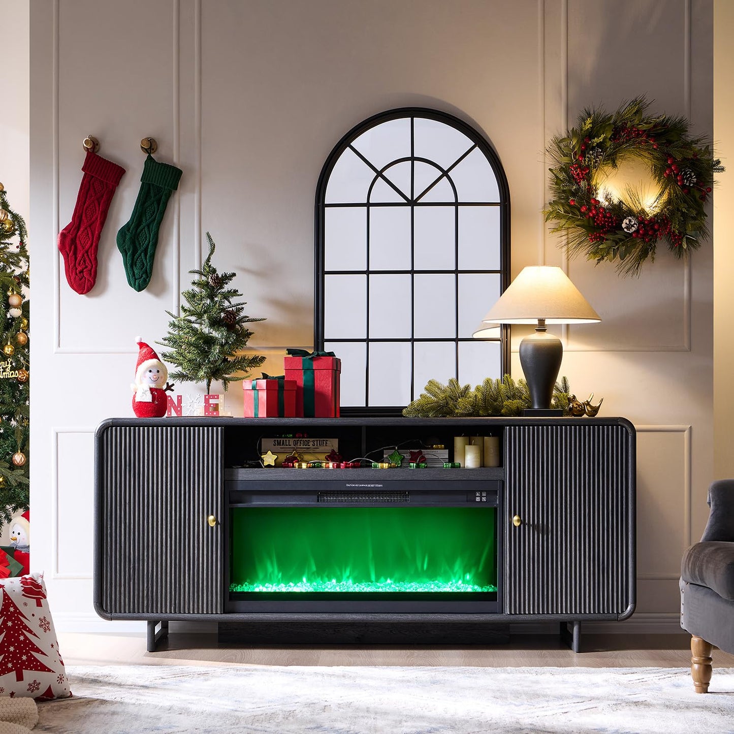 IFGET 70" Fluted Fireplace TV Stand for 80 Inch TV, Modern Entertainment Center w/36'' Electric Fireplace, Wood Media Console w/Curved Profile Design and Adjustable Shelves for Living Room, Dark Grey