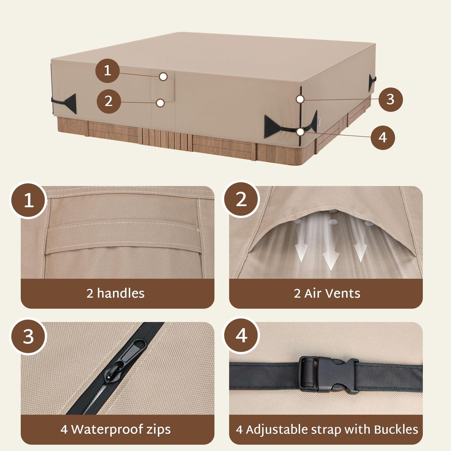 iBirdie Outdoor Waterproof Hot Tub Cover 93 x 93 inch fit 92 x 92 or 91 x 91 or 90 x 90 Square SPA 600D Heavy Duty Weatherproof Cover Protectors Protective Cap, Brown