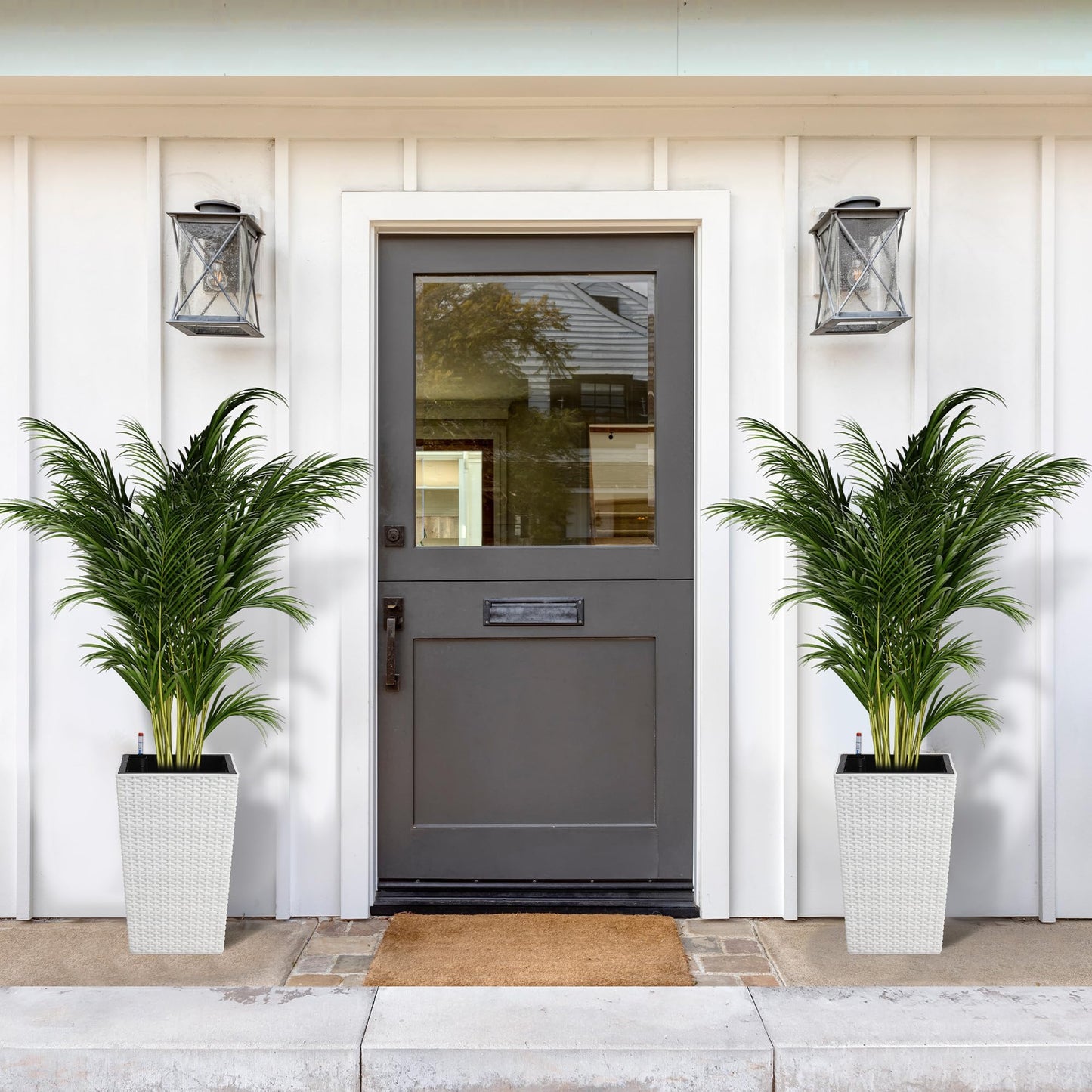 16" White Tall Planters Outdoor Set of 2, Large White Flower Pots Outdoor with Drainage Holes & Automatic Watering System, Modern Large Resin Planters for Outdoor Plants, Front Porch, Deck, Rattan