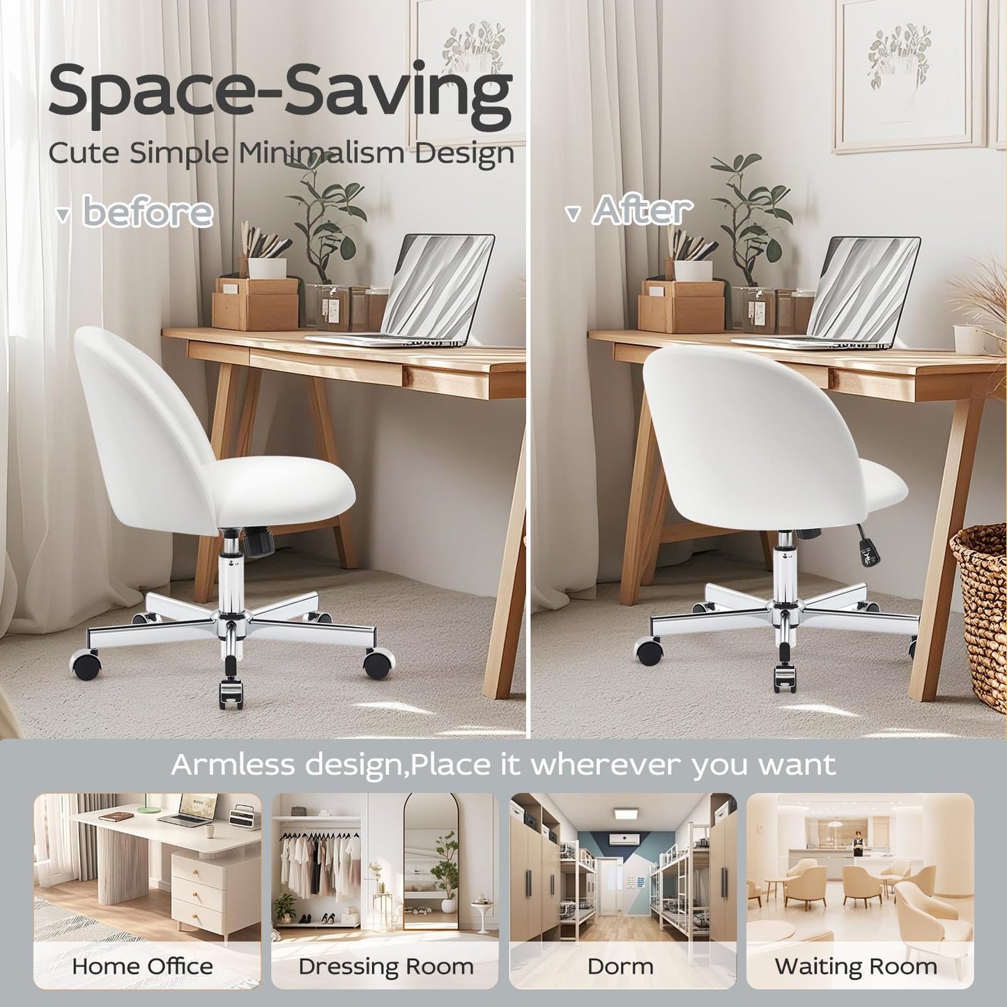 Morkprism Vanity Chair with Back,Armless Desk Chair Cute Small Office Chair,Leather Computer Chair with Adjustable Height,120°Tilting,Rolling,Swivel for Vanity,Kids Room,Office,Bedroom Pearl White