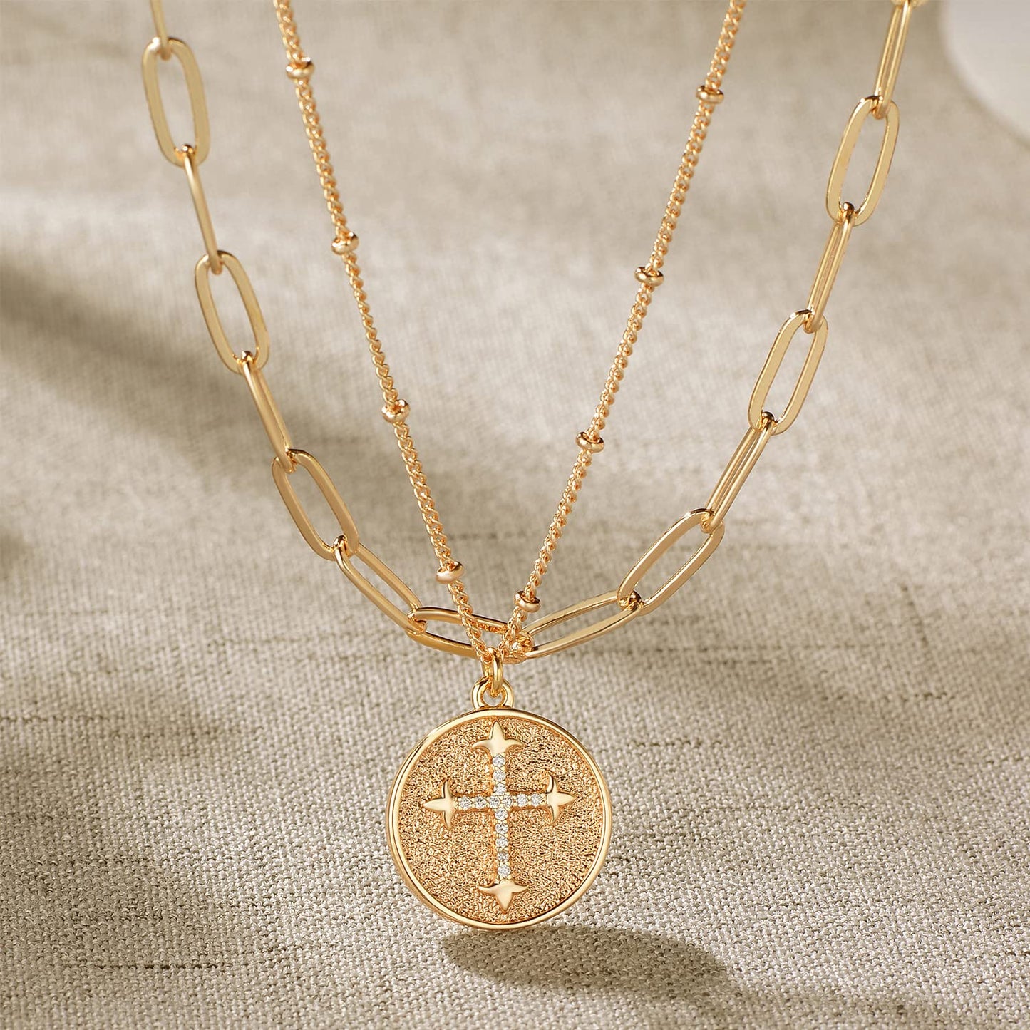MEVECCO Gold Layered Choker Necklace for Women, 18K Gold Plated Dainty CZ Cross Coin Pendant Minimalist Paperclip Double Layer Necklace for Jewelry