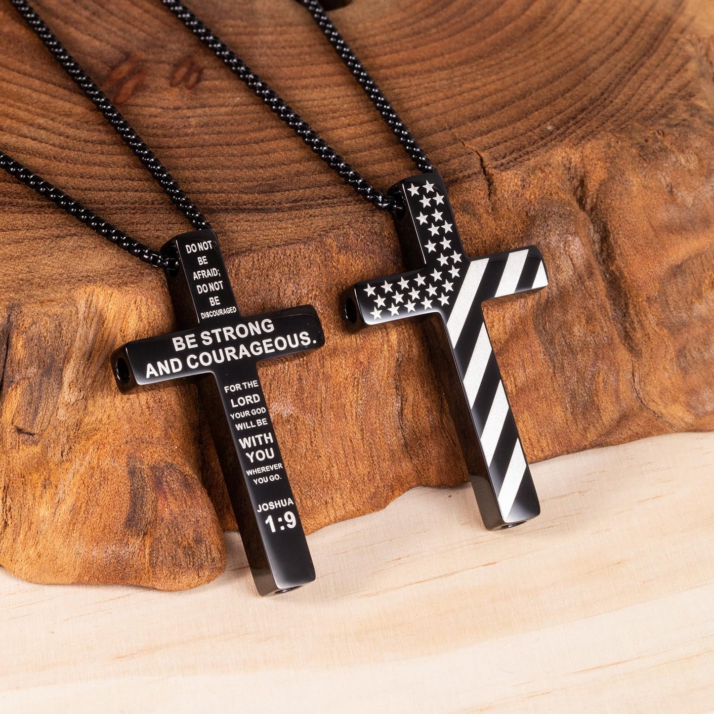 FUNPAR American Flag Cross Breathing Necklace, Stainless Steel Patriotic Jewelry, Inspirational Bible Verse Cross Necklace, Anxiety Relief Items for Men Christian Gift(Black 1:9)