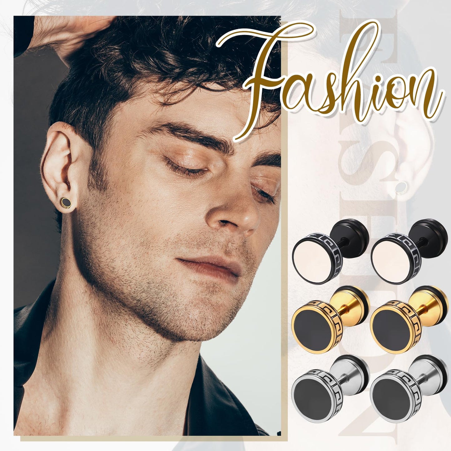 Aroncent Vintage Round Stud Earrings: Stainless Steel Faux Gauges Ear Tunnel 3 Pairs Fake Gauge Fake Earrings Piercing Studs Flat Back Earrings for Men Women