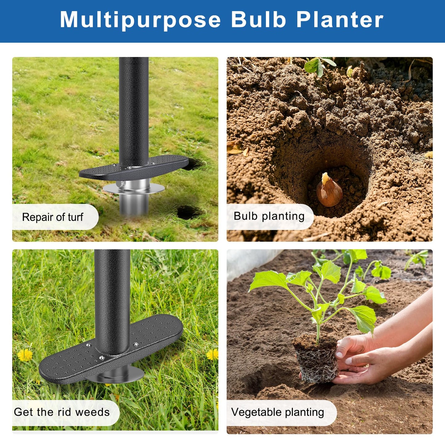 BeneLabel Garden Bulb Planter Tool with Adjustable Digging Depth from 3 to 6 Inch Grass Plugger Tool with Long Handle Bulb Transplanter Tool for Digging, Planting, Grass Repair