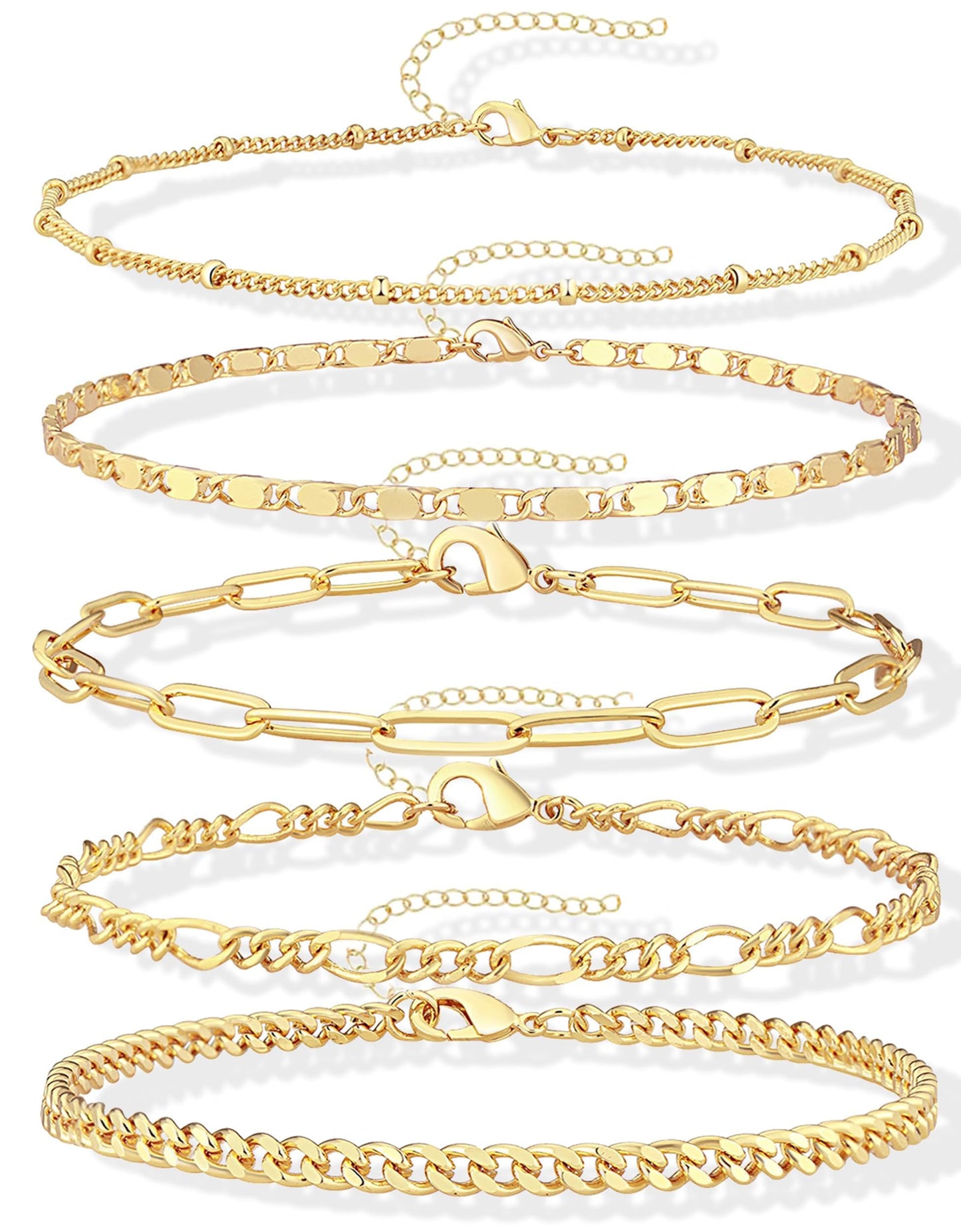 Gokeey Gold Bracelets for Women Trendy 14K Gold Plated Jewelry Sets Stack Dainty Stackable Paperclip Cuban Figaro Chain Bracelets Pack Layered Link Chain Bracelet for Women Cute 5pcs Adjustable