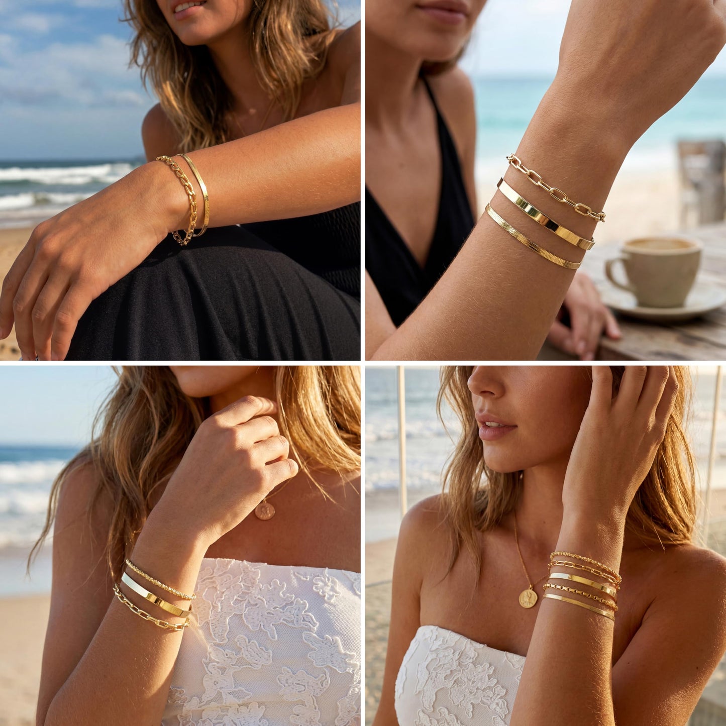 Chunky Gold Bracelets for Women Waterproof, Stack Bracelet Set Layered Chunky Bangle, Box Link, Paperclip, Herringbone, Sparkling Chain, Adjustable Waterproof Non Tarnish Jewelry Gifts for Women