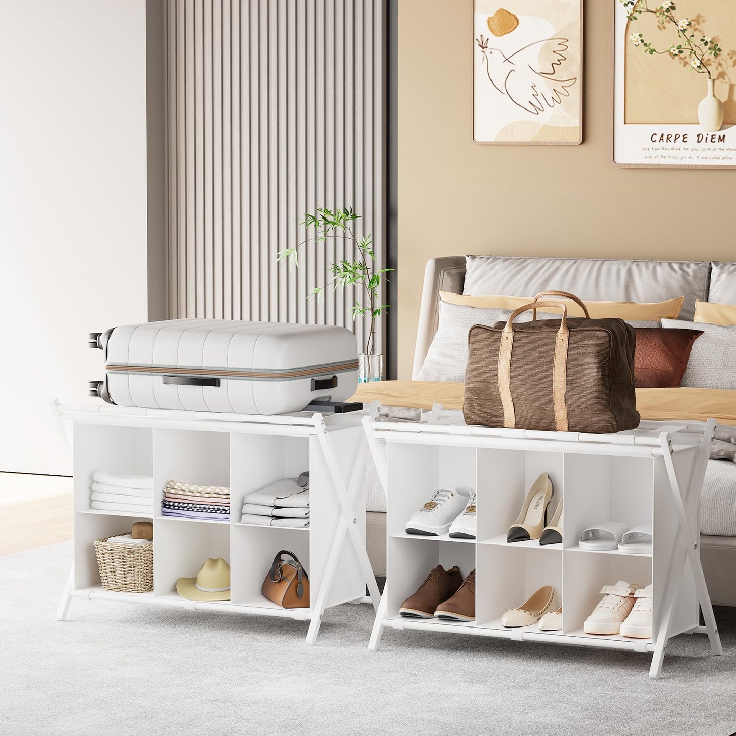 Huhote Luggage Rack for Guest Room, Folding Suitcase Stand with 6-Cube Fabric Storage Shelf, Luggage Holder, Steel Foldable Luggage Stand for Guest Room, Bedroom, Hotel, White