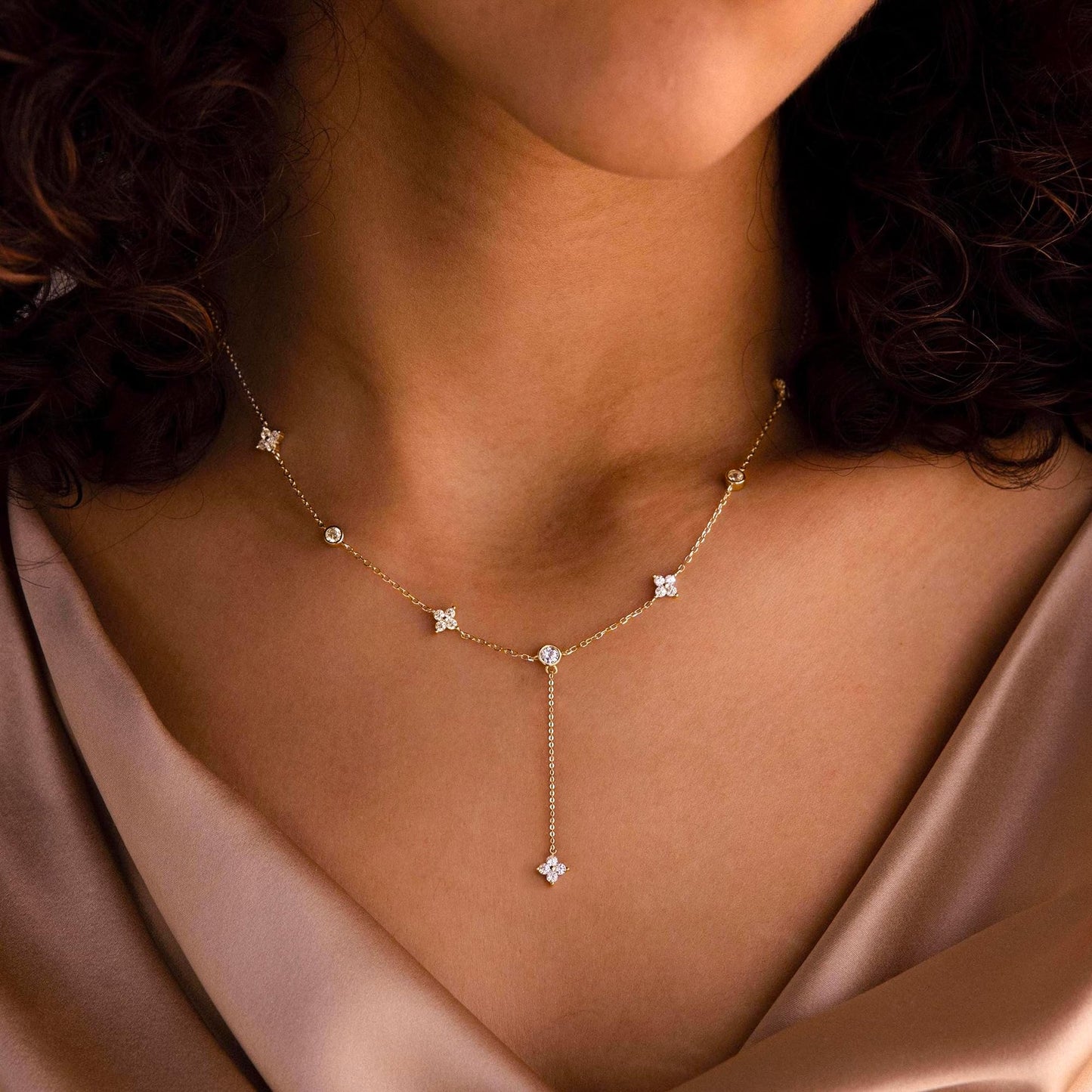 FUCJOEE Long Necklaces for Women Trendy - 14K Gold Plated CZ Clover Lariat Necklace Dainty Y Shaped Drop Necklace Cute Gold Choker Necklace for Women Party Prom Jewelry Teen Gifts