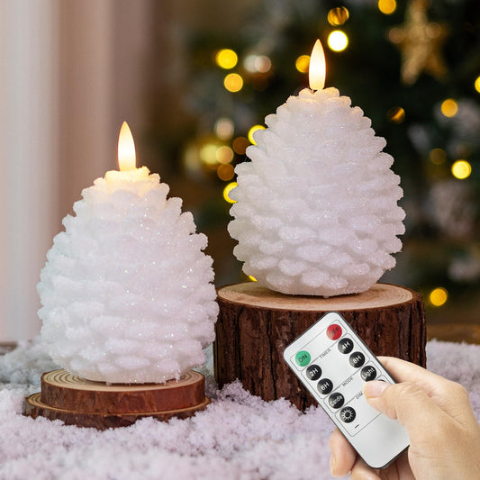 AFINETH Christmas Flameless Pinecone Candles with Remote, Real Wax Battery Operated Pine Cone Candles, 2 Pack Flickering Led Candle Christmas Decorations for Winter Home Holiday Xmas Gift, White