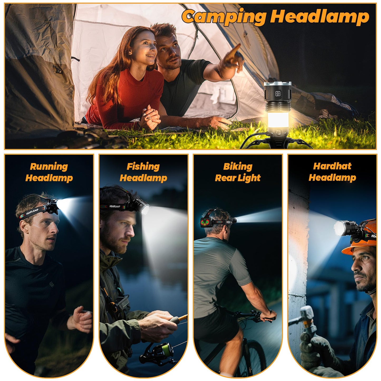 FixLiburt 220000 Bright Camping Headlamp Function 17 Modes Motion Sensor Adjustable Focus, More Than 95H Standby IP65 Waterproof, 125°Angle Head Lamp for Fishing Hiking Bike Hardhat
