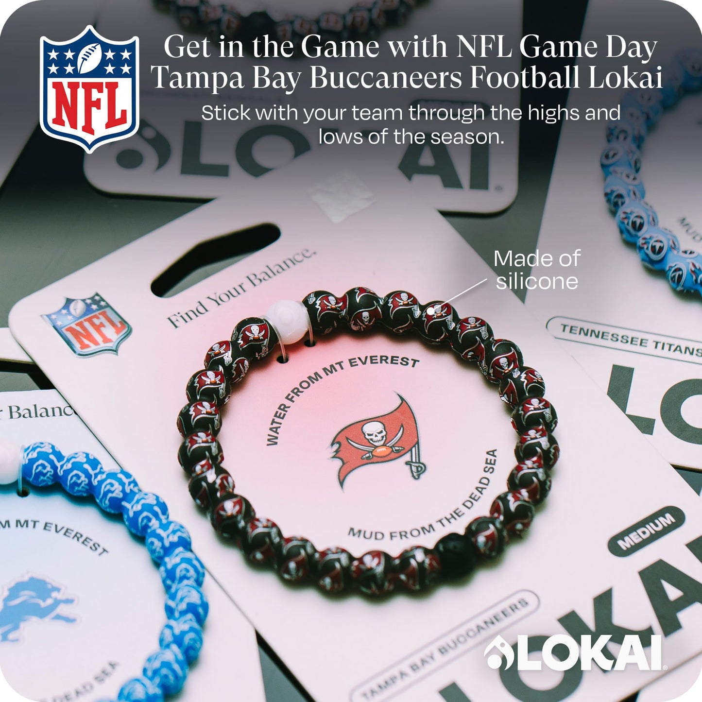 Lokai Silicone Beaded Bracelet for Men & Women, NFL Football Collection - Tampa Bay Buccaneers, Medium - Silicone Jewelry Fashion Bracelet Slides-On for Comfortable Fit