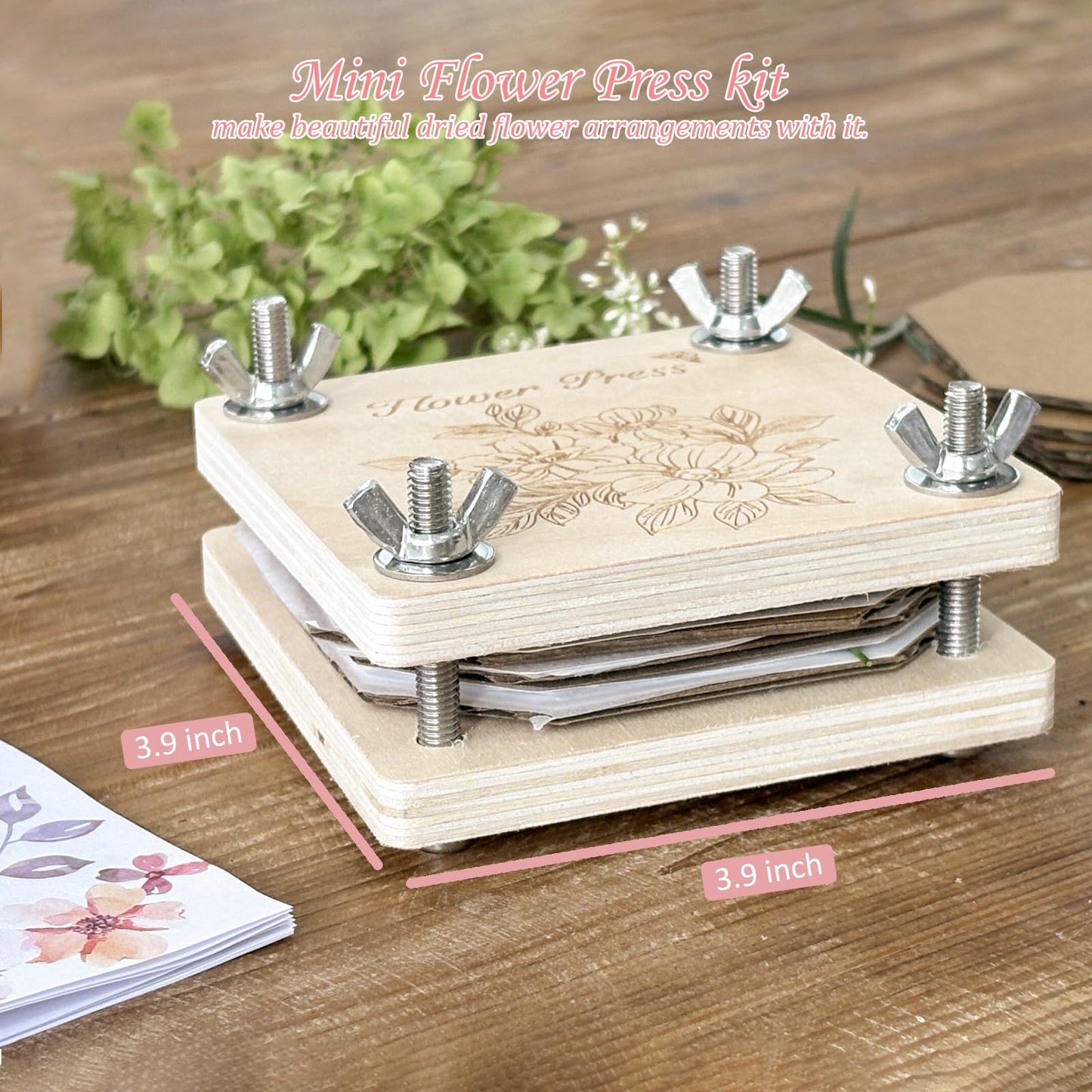 KAXYEW Mini Flower Press Kit, 3.9"x3.9" Wooden Flowers Pressing Boards DIY Pressed Flowers Art - Fridge Magnet Bookmark Art Craftst Presservation Gifts for Flower Plant Lovers