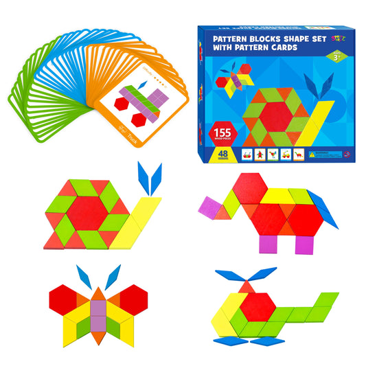 155 PCS Wooden Pattern Blocks Set, 24 Double-Sided Design Cards(48 Patterns) Geometric Shape Puzzle Fun Tangram Montessori Learning Toys for Kids Ages 4-8 (A Storage Bag & A Gift Box)