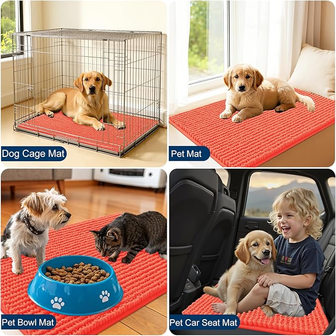 OLANLY Dog Door Mat for Muddy Paws 47x17, Ultra Absorbent Chenille Mud Doormat, Non-Slip Washable and Dirt Trapping Doormat for Indoor Entryway, Quick-Dry Indoor Pet Bed Mats for Dogs, Coral
