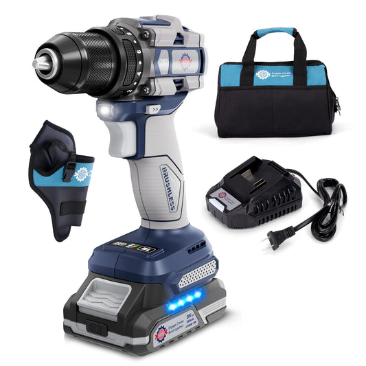 20V Cordless Drill Driver, Electric Power Brushless Drill 60N.m with 1/2" Metal Keyless Chuck, 20+1 Torque 2 Speed, LED Light, Tool bags, Battery & Charger for Furniture, Home DIY,Beginner, Repairing