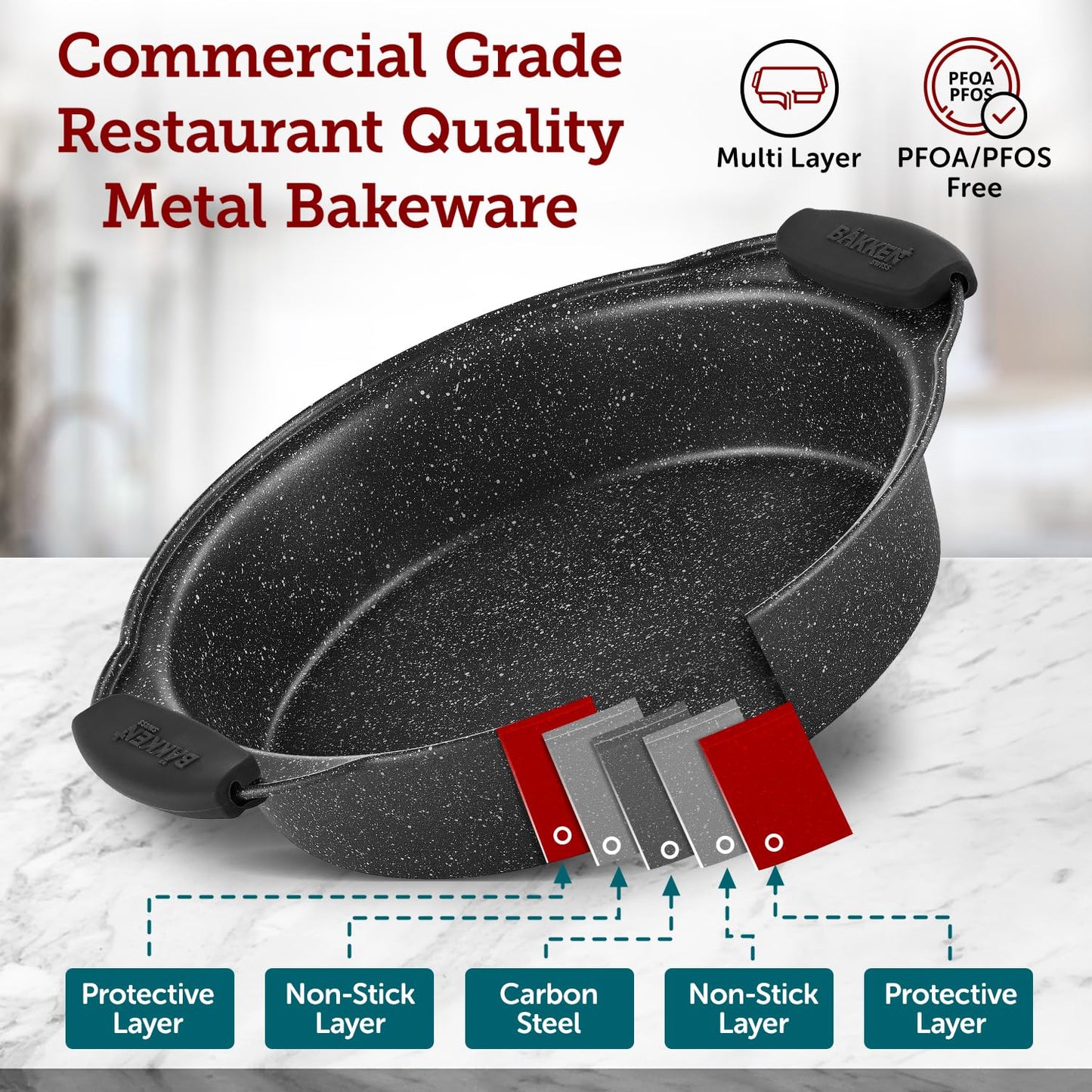 BAKKEN Kitchen Baking Pan Set - Nonstick Coating, Carbon Steel Bakeware Sets with Gray Silicone Handles, Baking Kitchen Essentials, PFOA, PFOS, PTFE Free, Oven Safe Tray (Up To 450° F), Set of 10