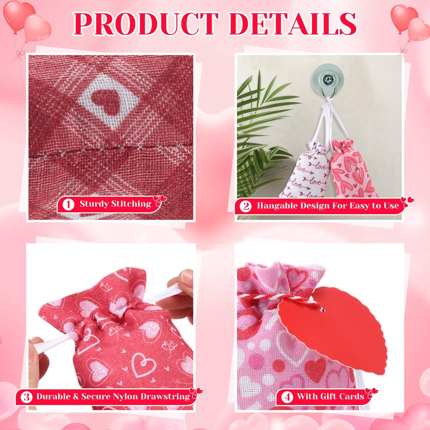 Sweetude 50 Pcs Valentine's Day Burlap Gift Bags with Heart Tag 4 x 6 Inch Small Drawstring Bags Reusable Goody Treat Pouches for Candy DIY Crafts Wedding Favors Party Supplies