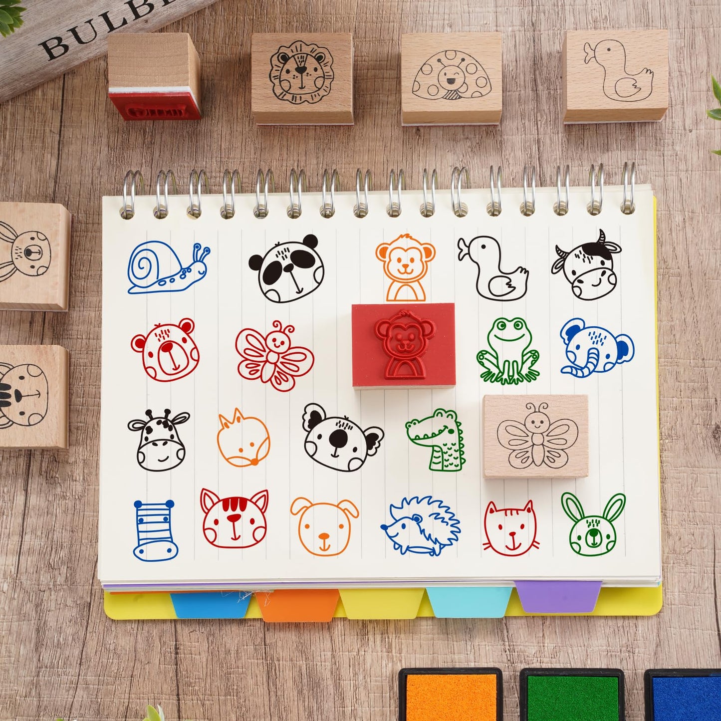 Whaline 29 Pcs Cartoon Animal Wooden Rubber Stamps with Ink Pads Cute Cartoon Pattern DIY Craft Stamps for Party Decor Scrapbooking Cards Making