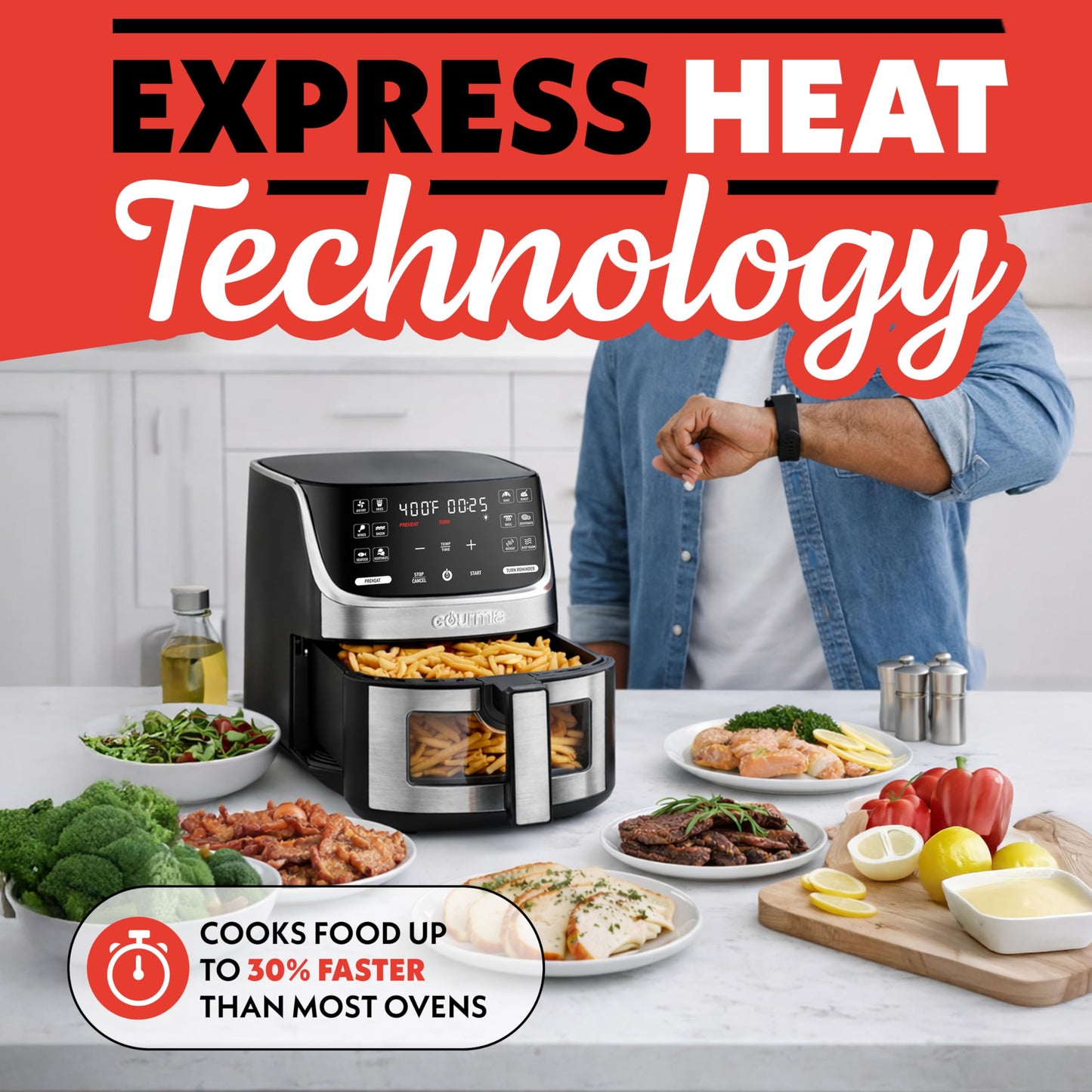 Gourmia Air Fryer - 7 Qt Large Capacity with LED Display, 12 One-Touch Presets, FryForce 360° Technology, Nonstick Dishwasher-Safe Basket & Crisper Tray, Stainless Steel