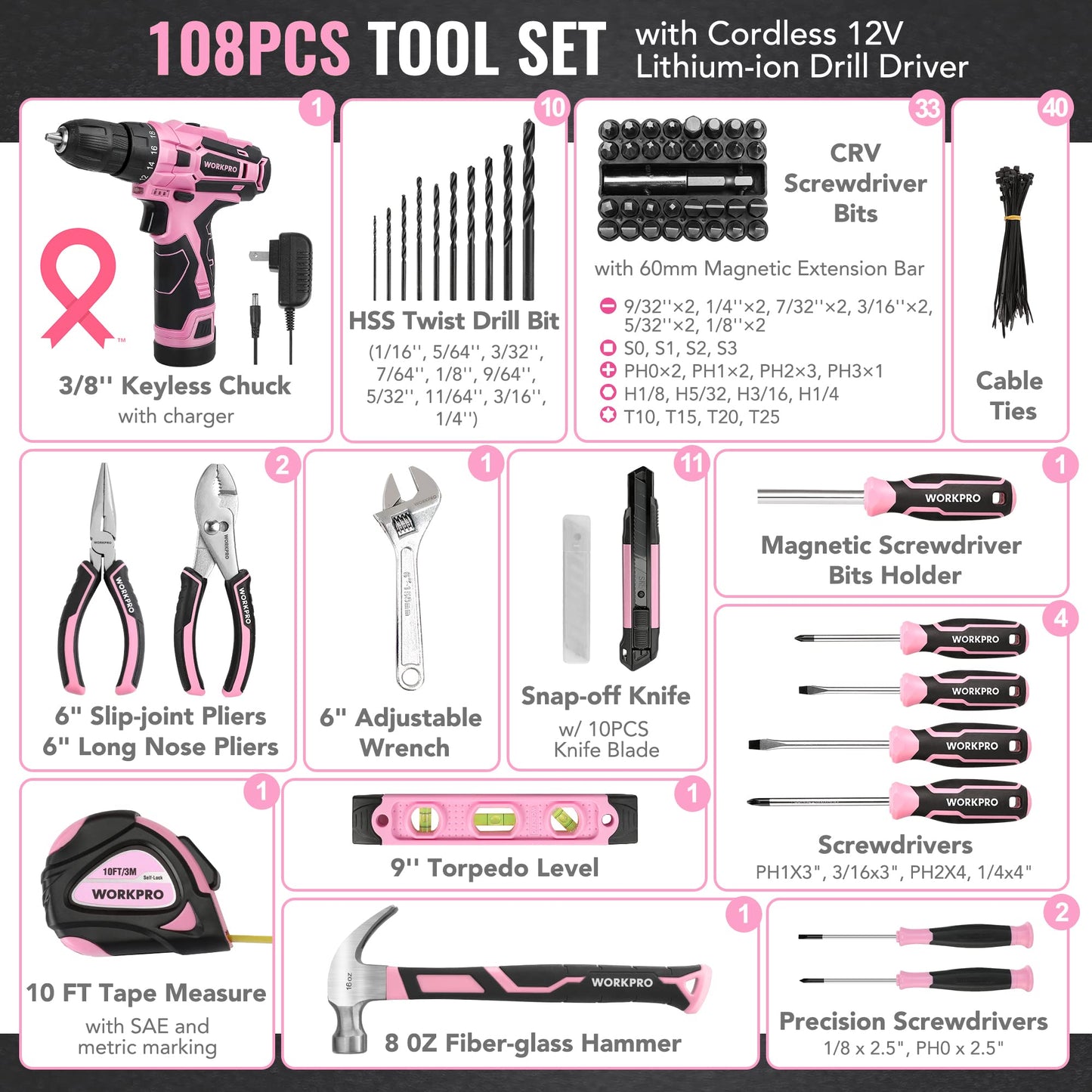 WORKPRO Pink Tool Set with Power Drill, 108PCS Portable Ladies Pink Drill Kit for Home with Toolbox and Pink Hammer, 1.5 Ah Cordless Drills with Keyless Chuck and Variable Speed Trigger - Pink Ribbon