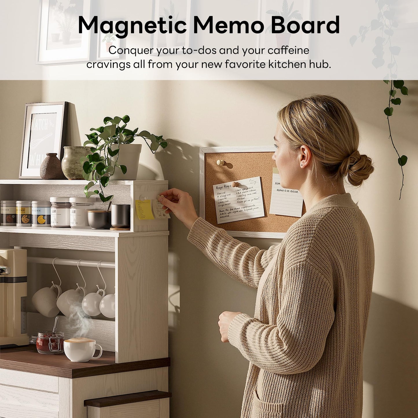 LIKIMIO 57" Farmhouse Coffee Bar Cabinet with Extendable Table & Locking Wheels, Mobile Kitchen Island Storage Cart with Magnetic Board, 5 Hooks, Adjustable Shelf, Space Saving for Apartment, White