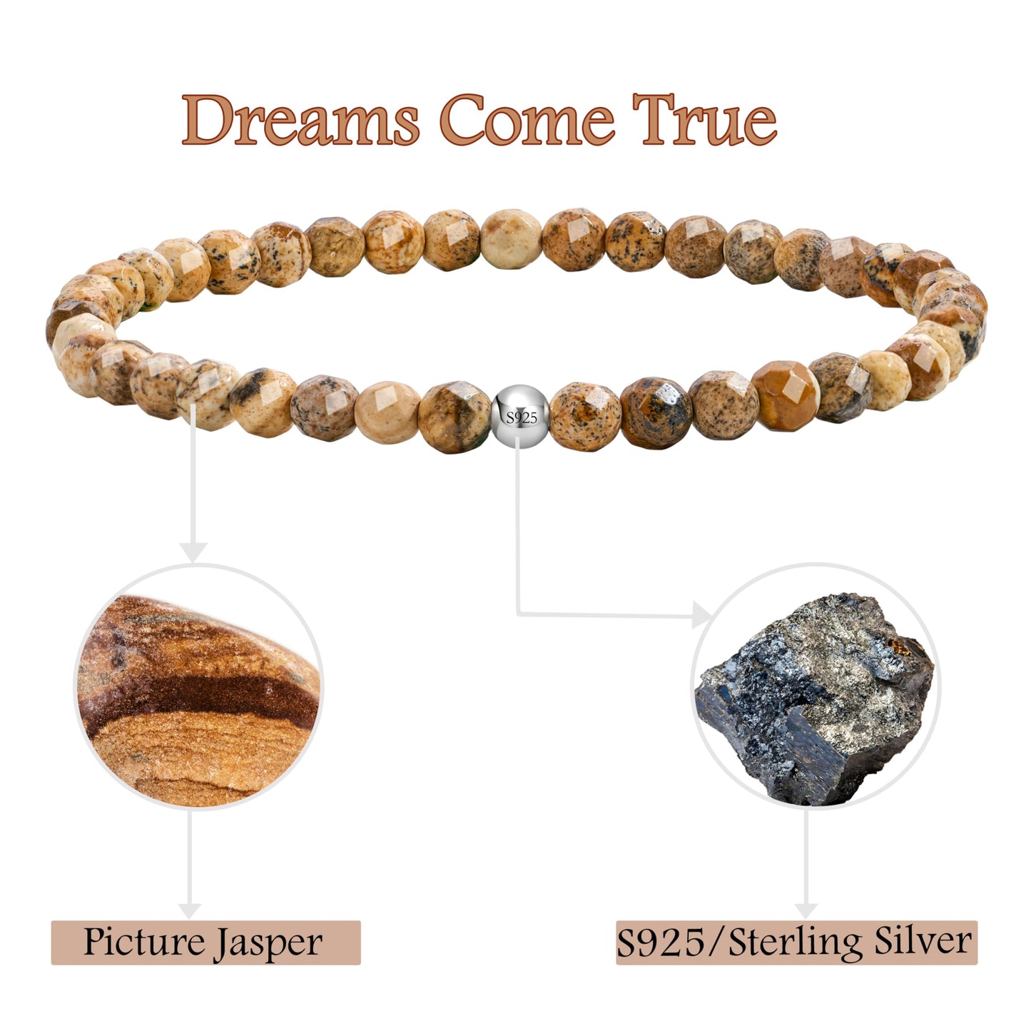 Farfume Picture Jasper - Dreams Come True - Beaded Bracelets for Women,Handmade Natural Stone 4mm Beads 925 Sterling Silver Stretch Bracelets, Chakra Crystal Gemstone Jewelry Gifts for Mom
