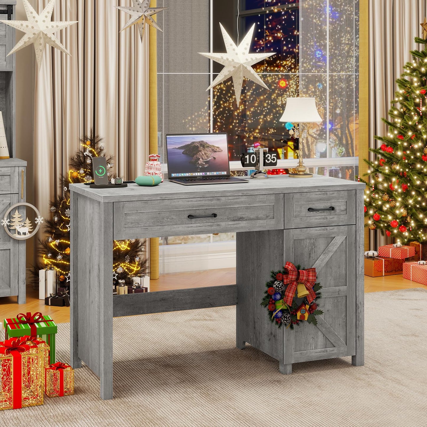 Befrases Farmhouse 47" Executive Desk, Computer Desk with Drawers and Storage Cabinet, Workstation for Home Office and Study.(Grey)
