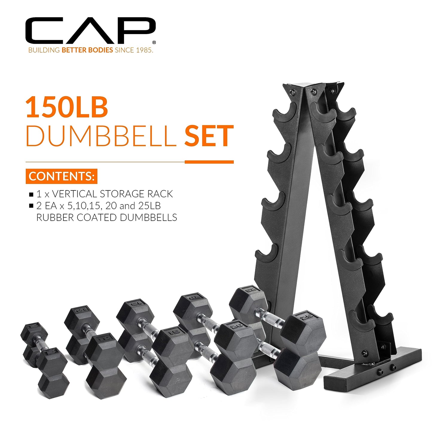 CAP 150 LB Rubber Coated Hex Dumbbell Hand Weight Set with Vertical Storage Rack - Chrome Handle | Blue Rack