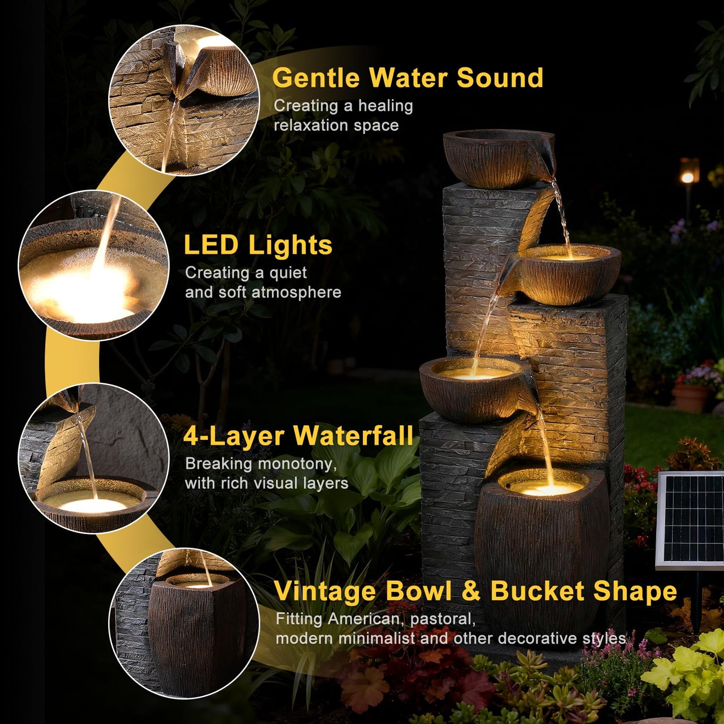 KAISOKU Solar Water Fountain Outdoor Garden, 38.2" Tall Stone Texture Modern Outdoor Fountain with 4 Tiers Cascading Bowls and Pump Solar Panel for Patio, Deck, Porch, Backyard Home Decor