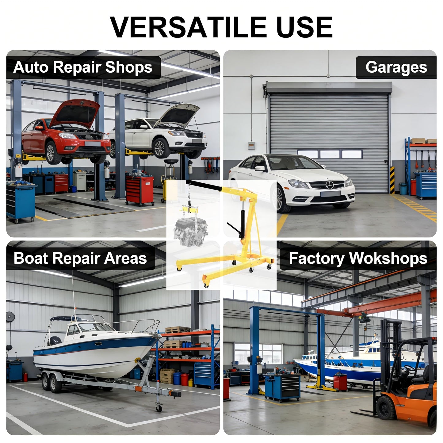 GlowSol 2 Ton Hydraulic Engine Hoist with Lever Stabilizer, Cherry Picker Engine Hoist, 4400LBS Heavy Duty Garage Crane with 6 Swivel Casters & Adjustable Telescopic Boom, for Auto Repair & Workshop