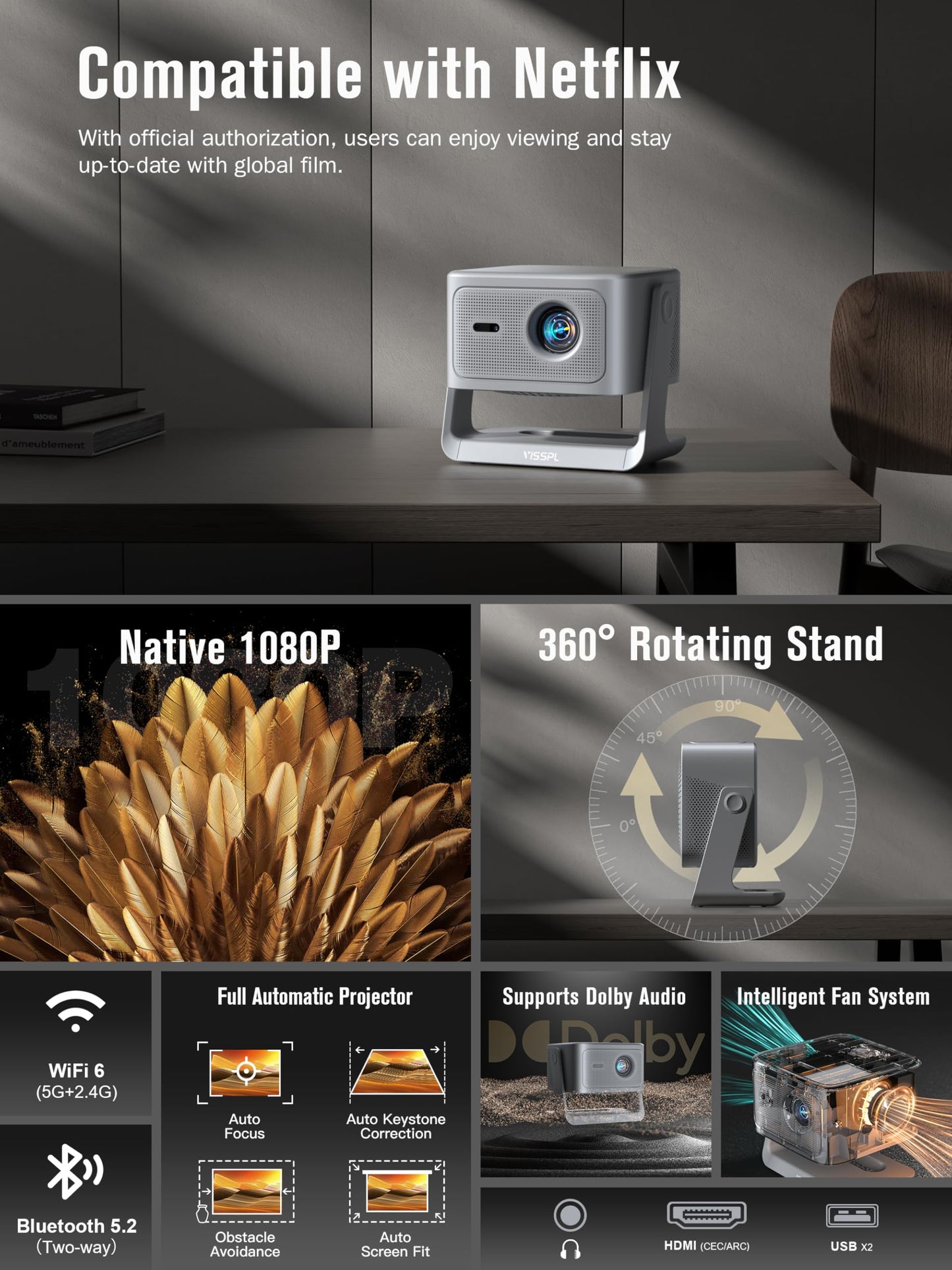 【2200ANSI & Officially-Licensed APP】Smart 4K Projector with WiFi and Bluetooth, VISSPL 3D Dolby Audio and Auto Focus Portable Outdoor Projector, Movie Home Theater Proyector with 360° Adjustable Stand