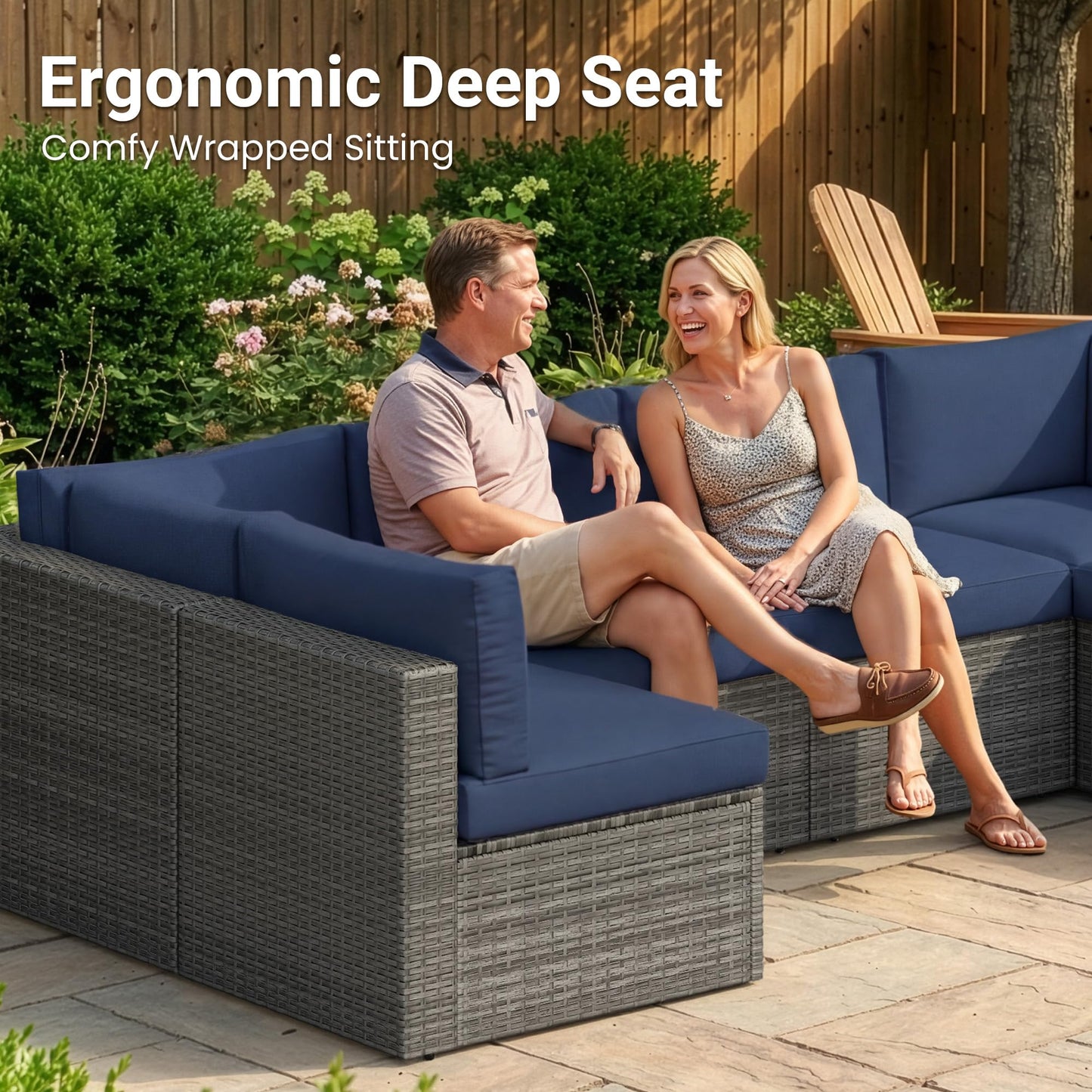 Wisteria Lane 7 Pieces Outdoor Patio Furniture Set, Wicker Outdoor Patio Sectional Sofas with Coffee Table, All-Weather Patio Conversation Set for Backyard Garden, Navy Blue