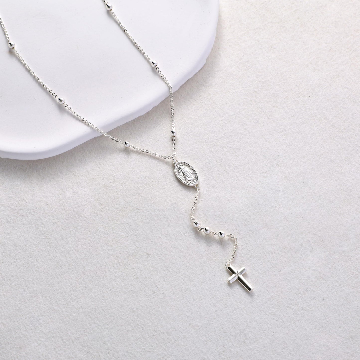 CHESKY Sliver Plated Lariat Necklace Long Y Necklace for Women Rosary Cross Drop Pendant Bead Trendy Christian Jewelry