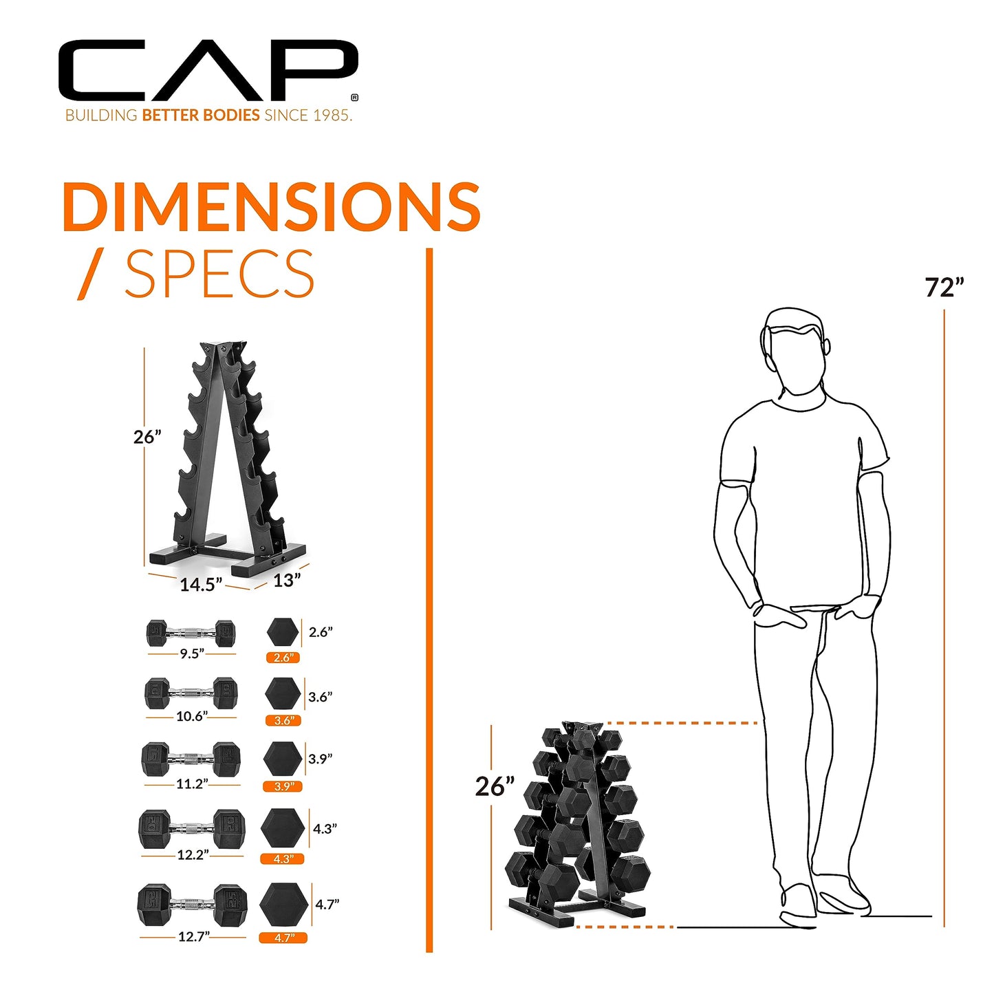 CAP 150 LB Rubber Coated Hex Dumbbell Hand Weight Set with Vertical Storage Rack - Chrome Handle | Blue Rack