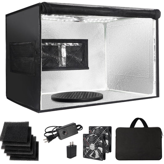 Airbrush Spray Booth Portabe - with LED Lights Turntable & Dual Exhaust Fans – Foldable Airbrush Paint Booth for Makeup, Art Painting, Model 16.6 in