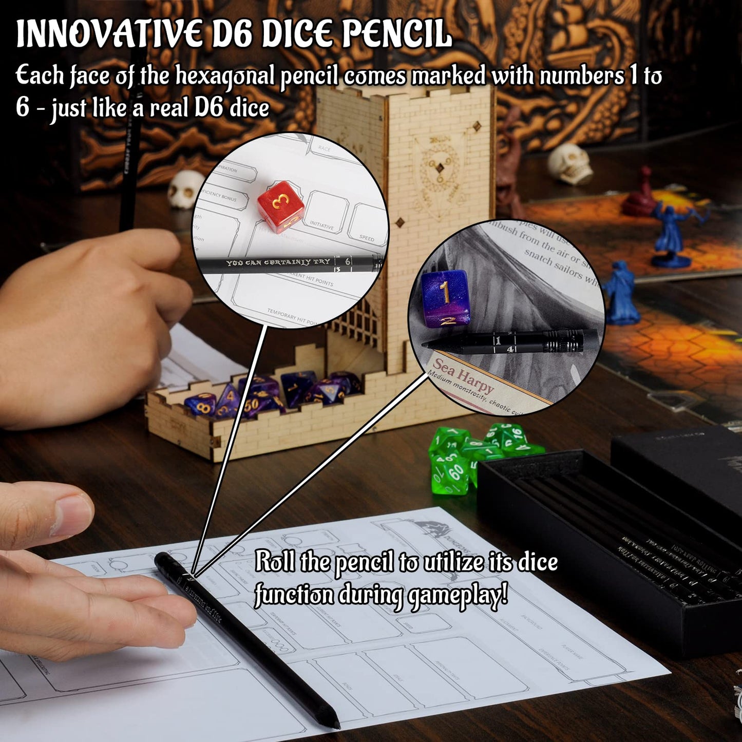DND Pencils Set of 12 - Silver Foil Stamped with RPG Slogans & D6 Dice Numbers - Hexagon 2HB Tabletop Gaming Pencil with Eraser - Must-Have Tools, Accessories and Gifts for DM and Player (Style A)