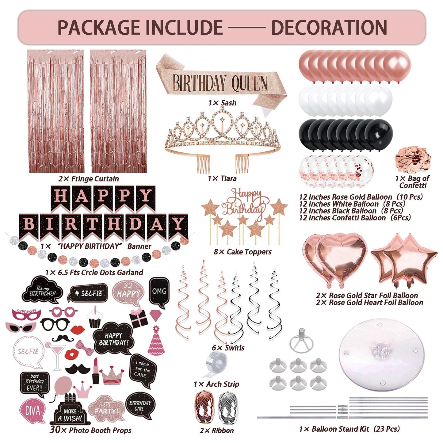 UJoyant Birthday Decorations For Women, 229 Pcs Rose Gold and Black Happy Birthday Supplies - Disposable Dinnerware Set with 25 Guest, Balloons, Sash, Tiara, Banner, Fringe Curtain, Photo Booth Props