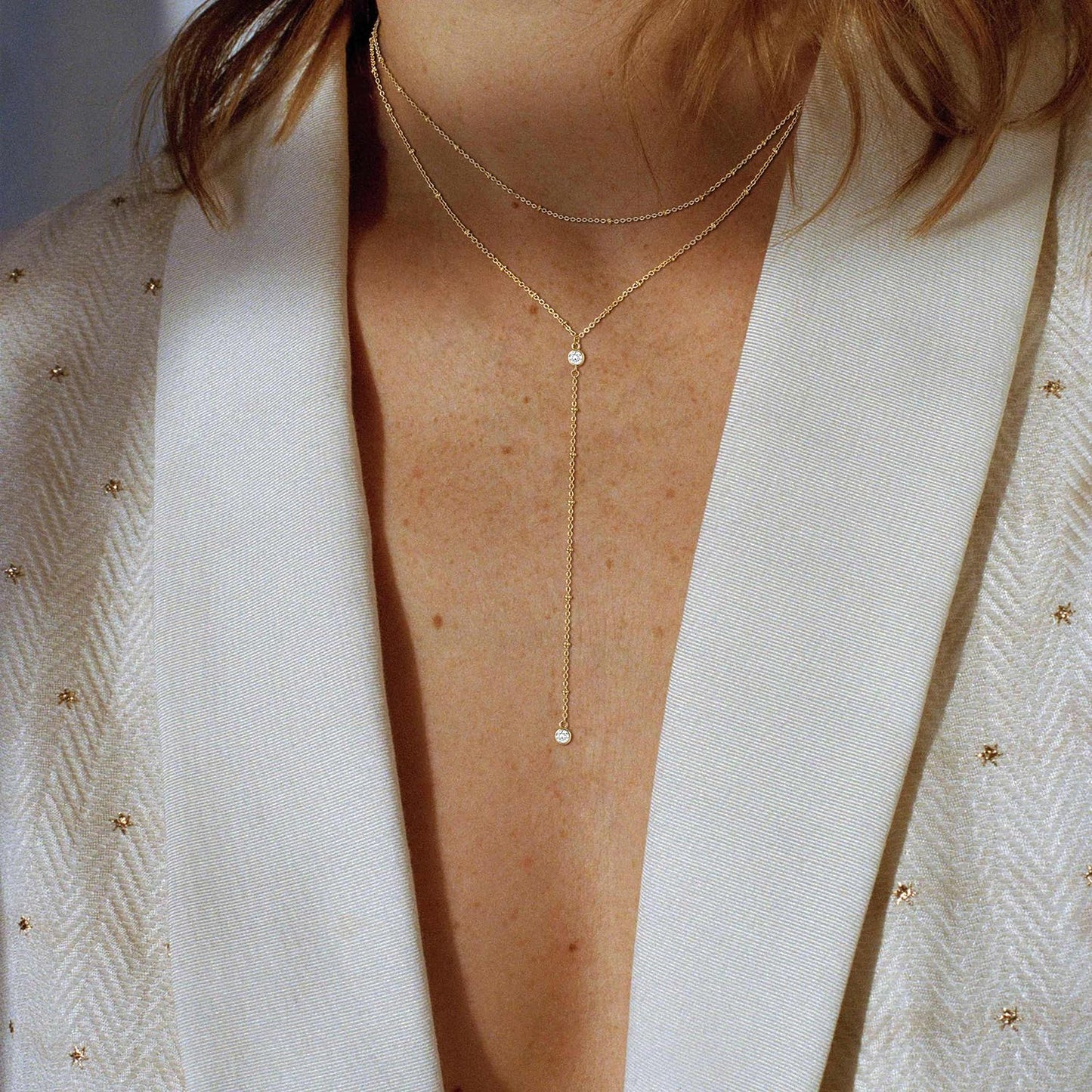Poaiiu Lariat 14k Gold Plated Necklace for Women, Dainty Long Layered Y Necklaces CZ Pendant Beaded Choker Necklace Simple Trendy Gold Jewelry Gift for Women